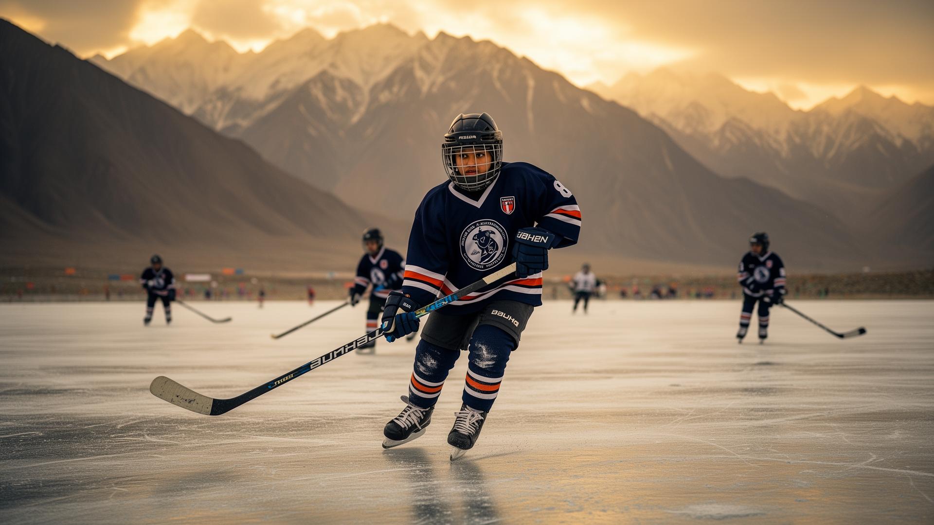 Young Indian ice hockey player skating on a frozen lake in Ladakh